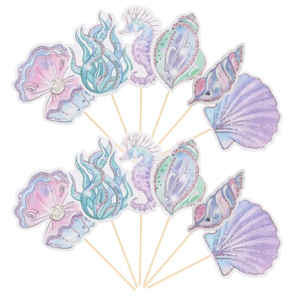 12Pcs Glitter Mermaid Cake Insert ornament Seahorse Star fish Cake Topper Cupcake Dessert Topper Baby Shower Birthday - Image 5