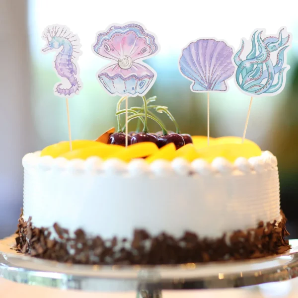 12Pcs Glitter Mermaid Cake Insert ornament Seahorse Star fish Cake Topper Cupcake Dessert Topper Baby Shower Birthday - Image 2